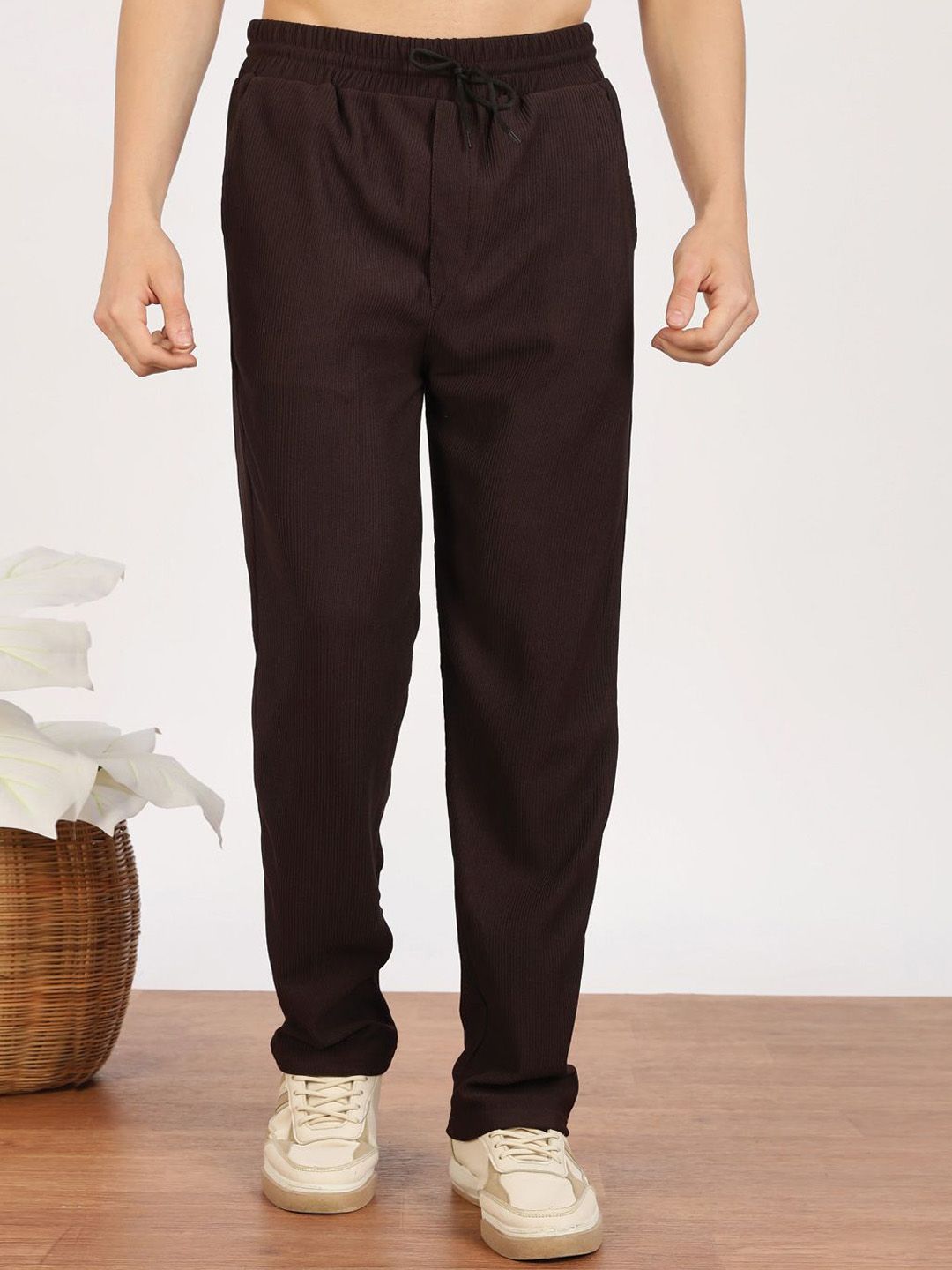 MaverIQ Men Textured Solid Mid-Rise Regular Fit Corduroy Trousers-image-37