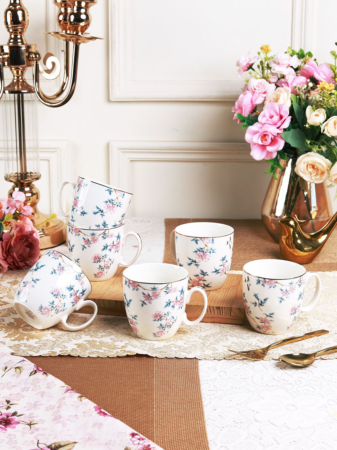 vigneto Victorian Gold Toned & White 6 Pieces Floral Printed Coffee Mugs 200ml-image-41