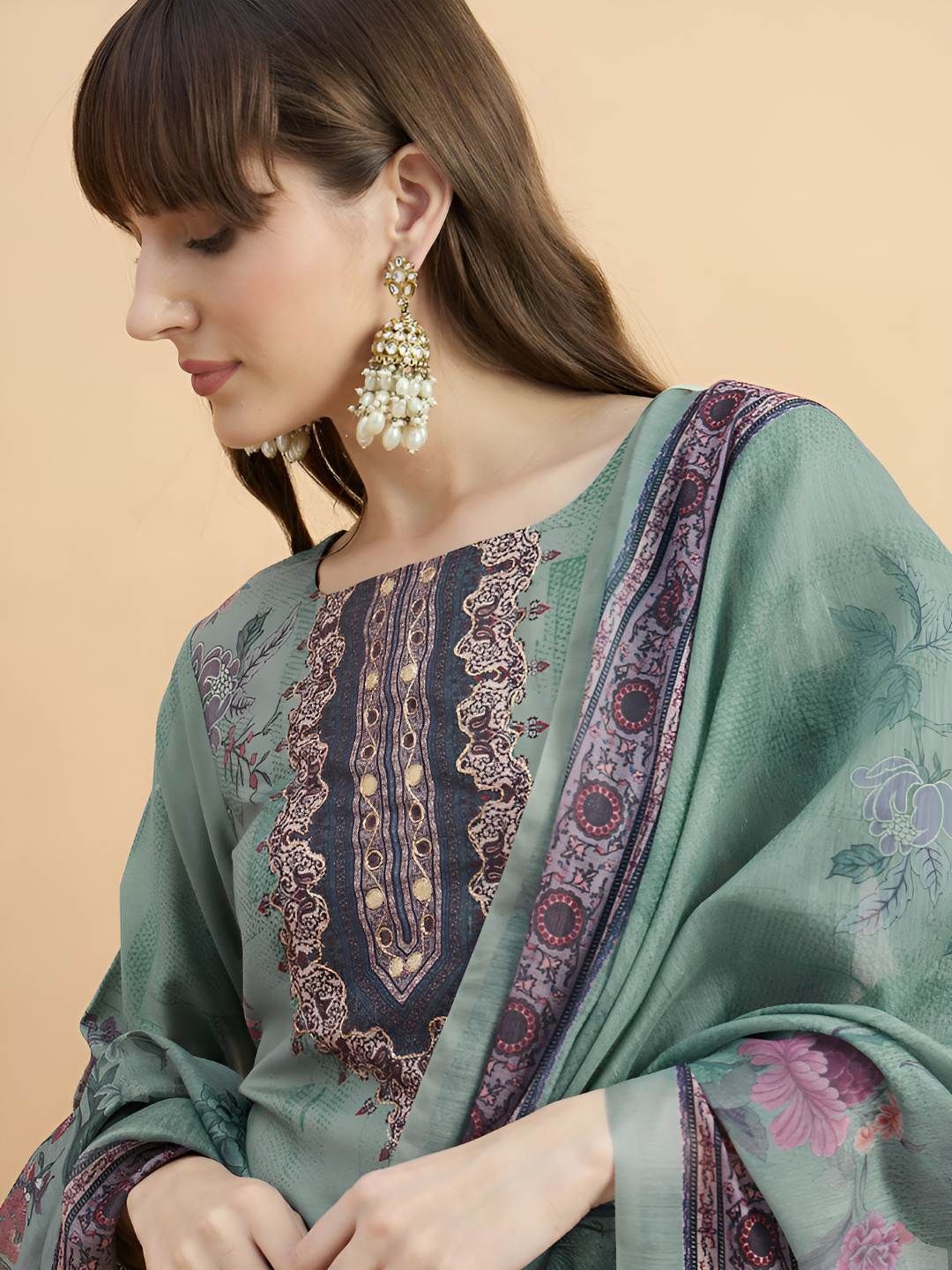 Anouk Rustic Floral Printed Round Neck Thread Work Straight Kurta With Trousers & Dupatta-picture-31