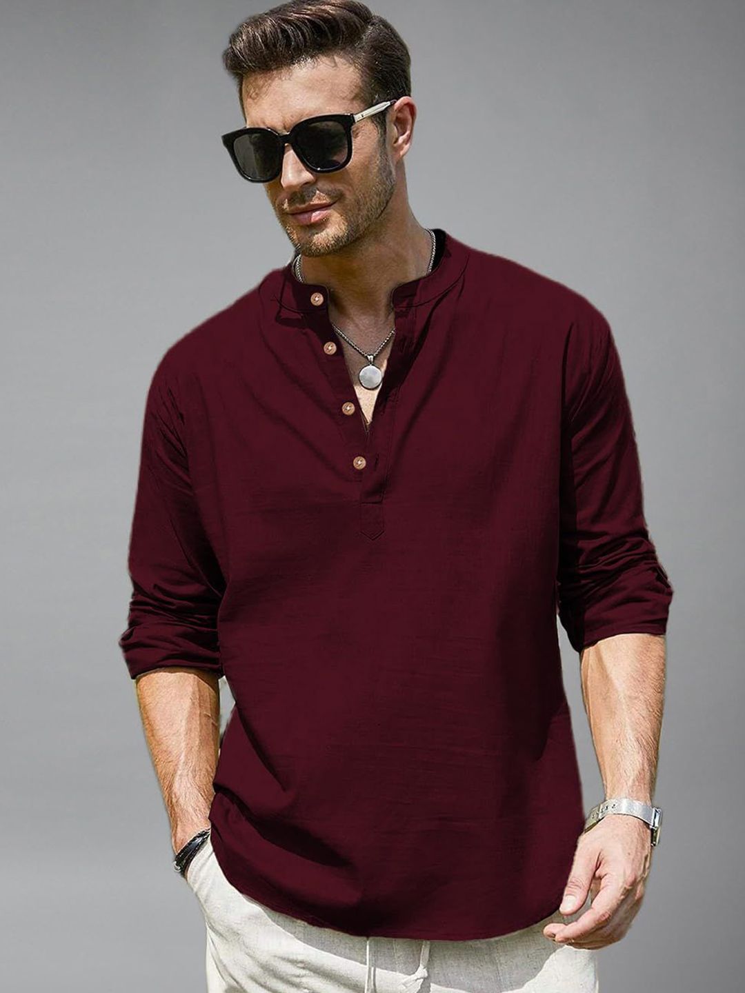 Vida Loca Men Mandarin Collar Roll-Up Sleeves Cotton Straight Kurta-picture-12