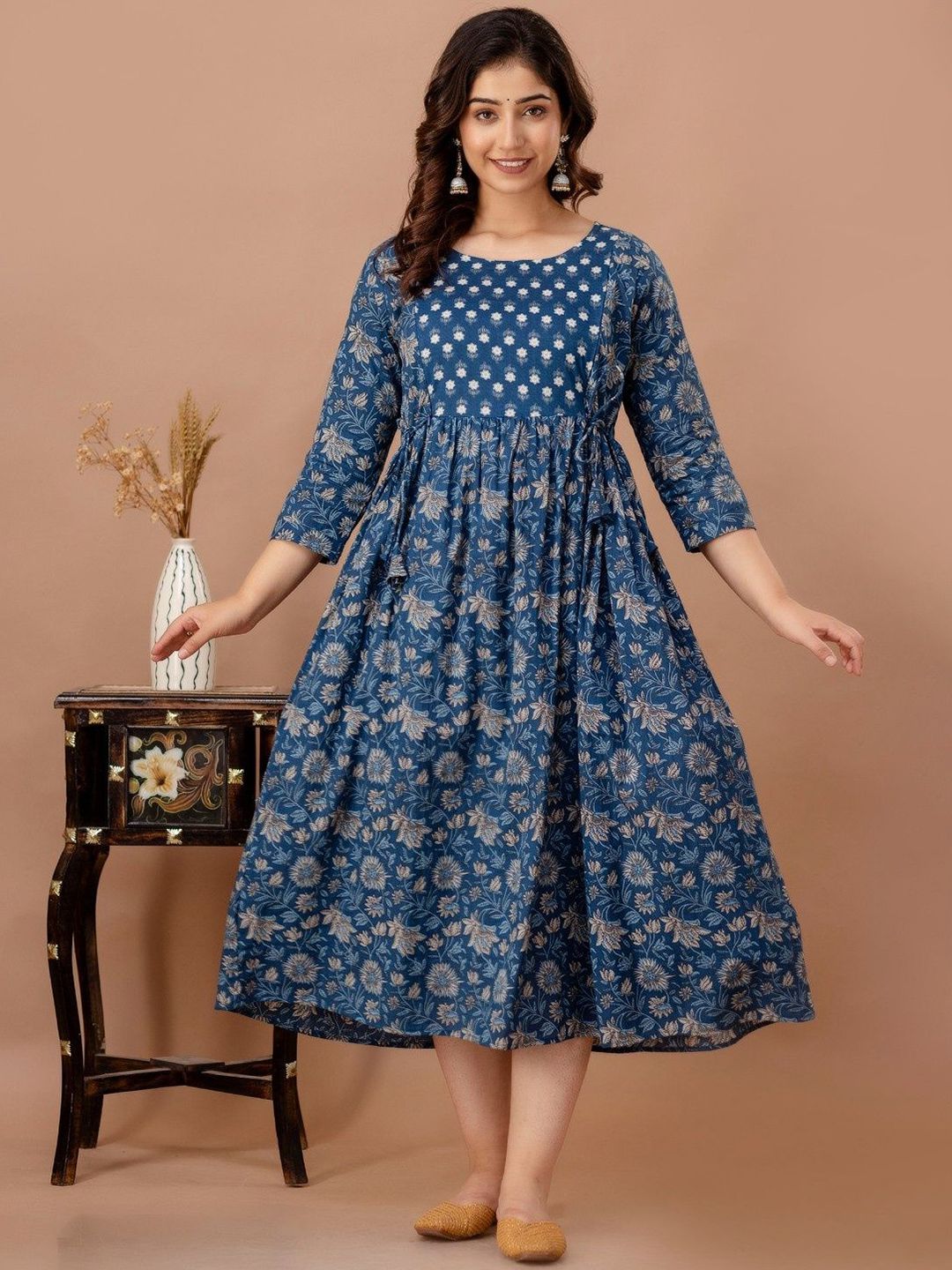 FASHION SWAG Floral Printed Cotton Gown Maternity Midi Ethnic Dresses