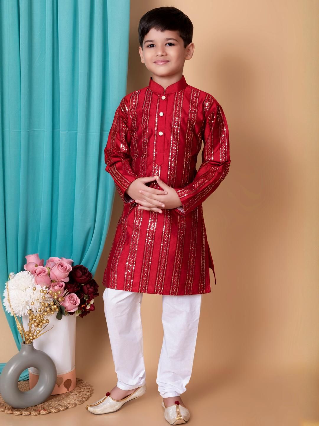 HUMAN CHOICE Boys Maroon Dupion Silk Embroidered Kurta & Pyjamas-picture-29