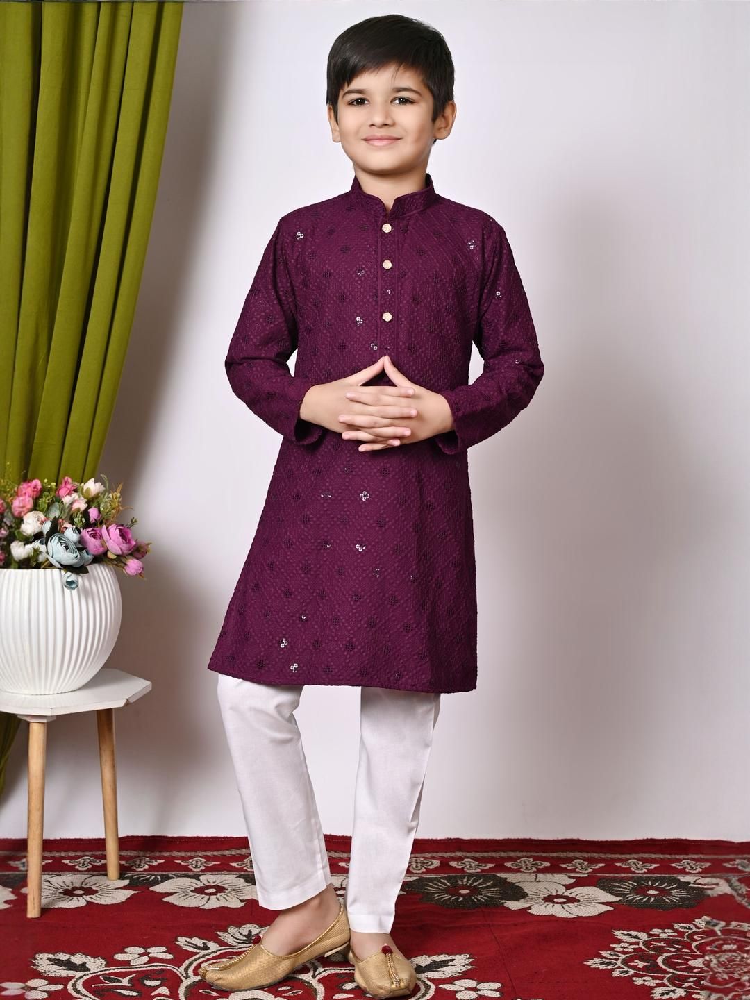 HUMAN CHOICE Boys Purple Cotton Blend Embroidered Kurta & Pyjamas-image-41