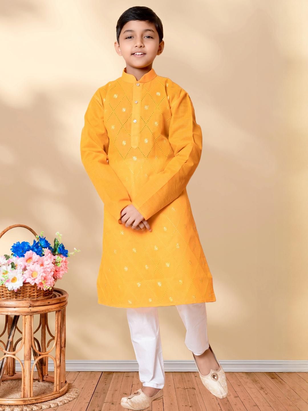 HUMAN CHOICE Boys Yellow Pure Cotton Embroidered Kurta & Pyjamas-image-1