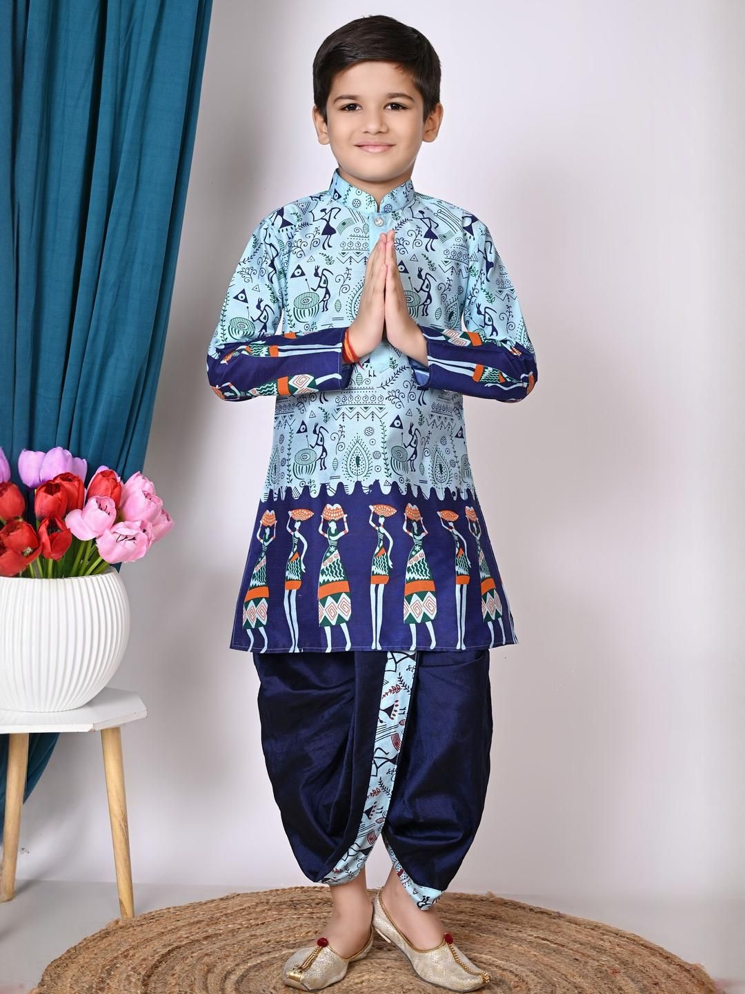 HUMAN CHOICE Boys Blue Dupion Silk Printed Kurta & Dhoti Pants-picture-38