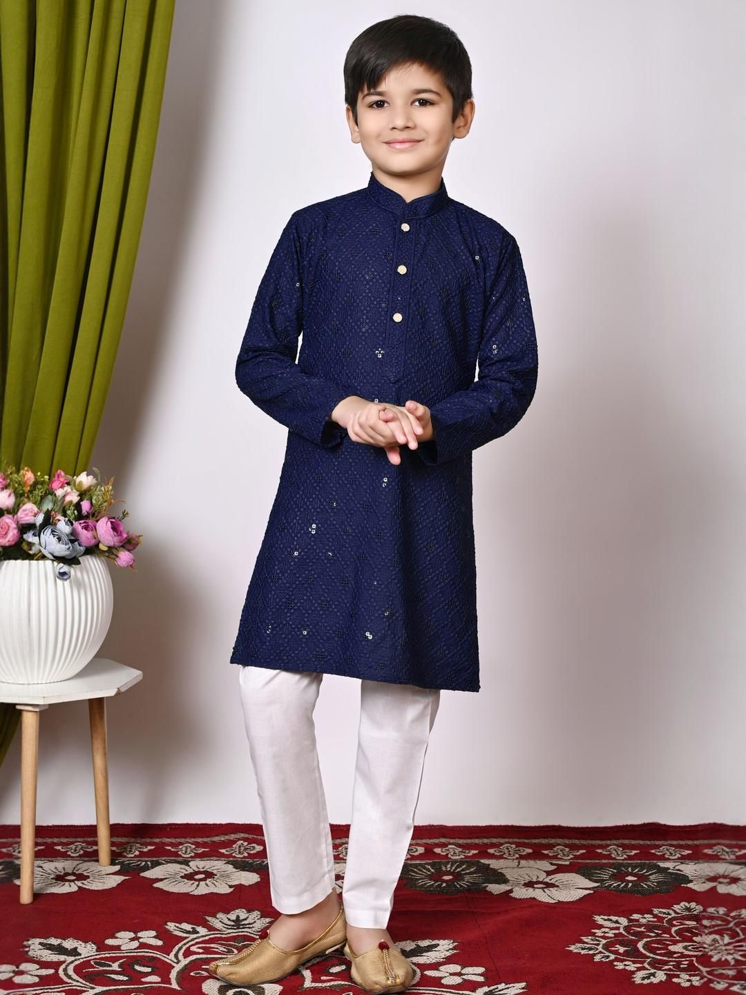 HUMAN CHOICE Boys Navy Blue Cotton Blend Embroidered Kurta & Pyjamas-image-2
