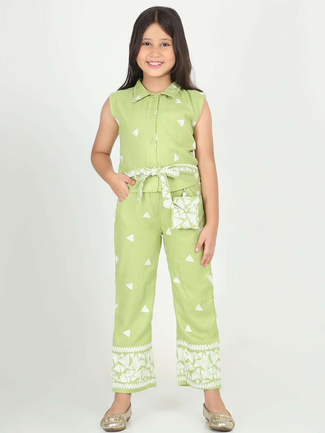 Be Kids Girls Green Triangle Embroidered Sleeveless Cotton Blend Pant co-ord Set-picture-58