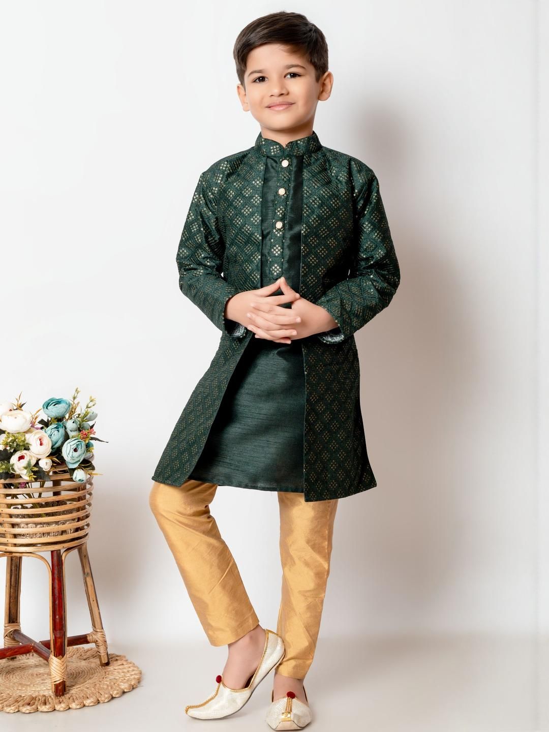 HUMAN CHOICE Boys Green Dupion Silk Embroidered Kurta & Pyjamas-picture-13