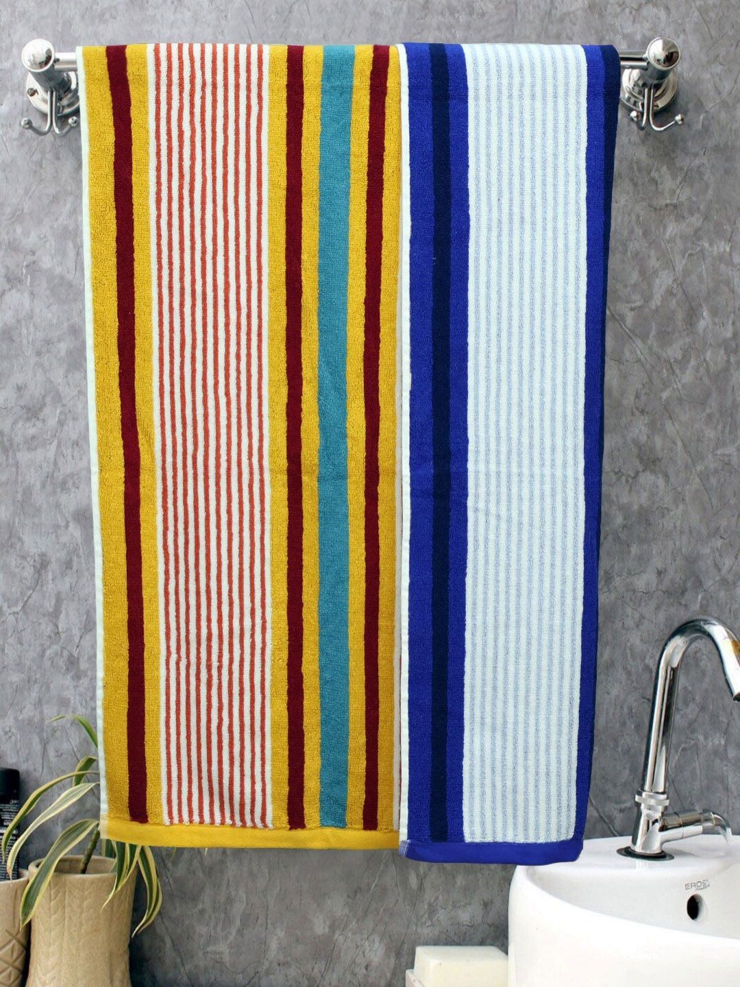 BOMBAY DYEING Red & Yellow Striped Pure Cotton 550 GSM Bath Towel-image-9
