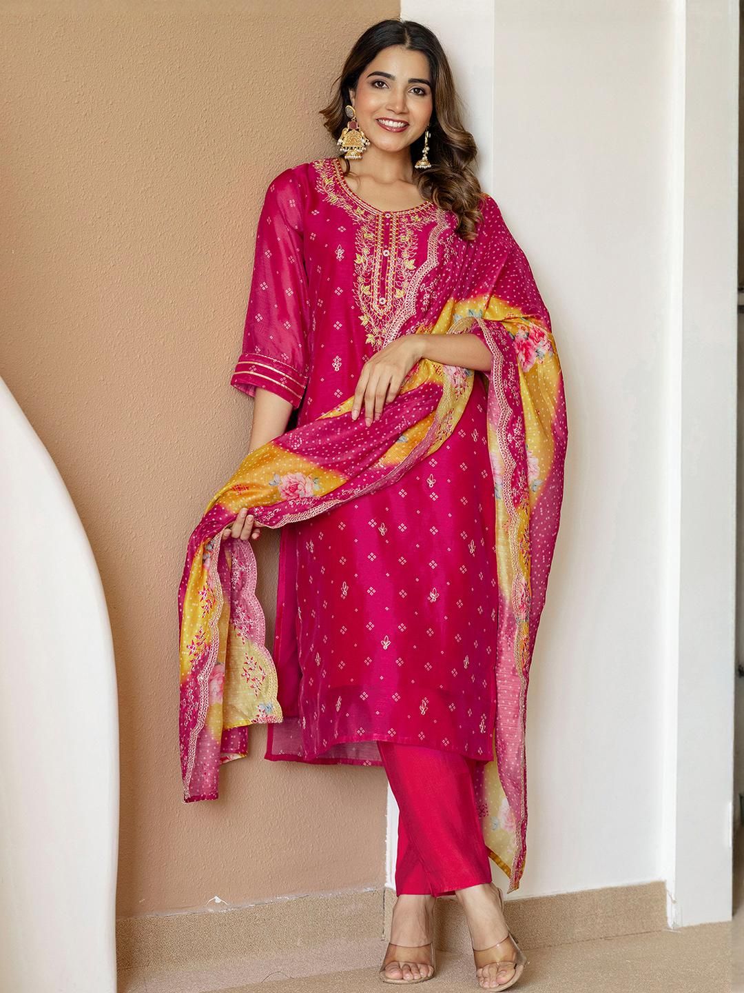 SANISA Women Pink Silk Blend Embroidered Kurta & Trousers With Dupatta-picture-10