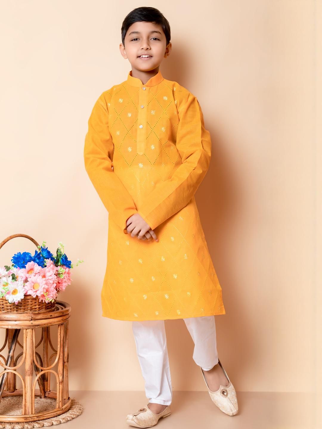 HUMAN CHOICE Boys Yellow Cotton Blend Embroidered Kurta & Pyjamas-image-40