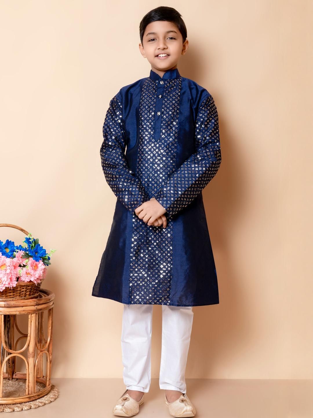 HUMAN CHOICE Boys Navy Blue Dupion Silk Embroidered Kurta & Pyjamas-picture-33
