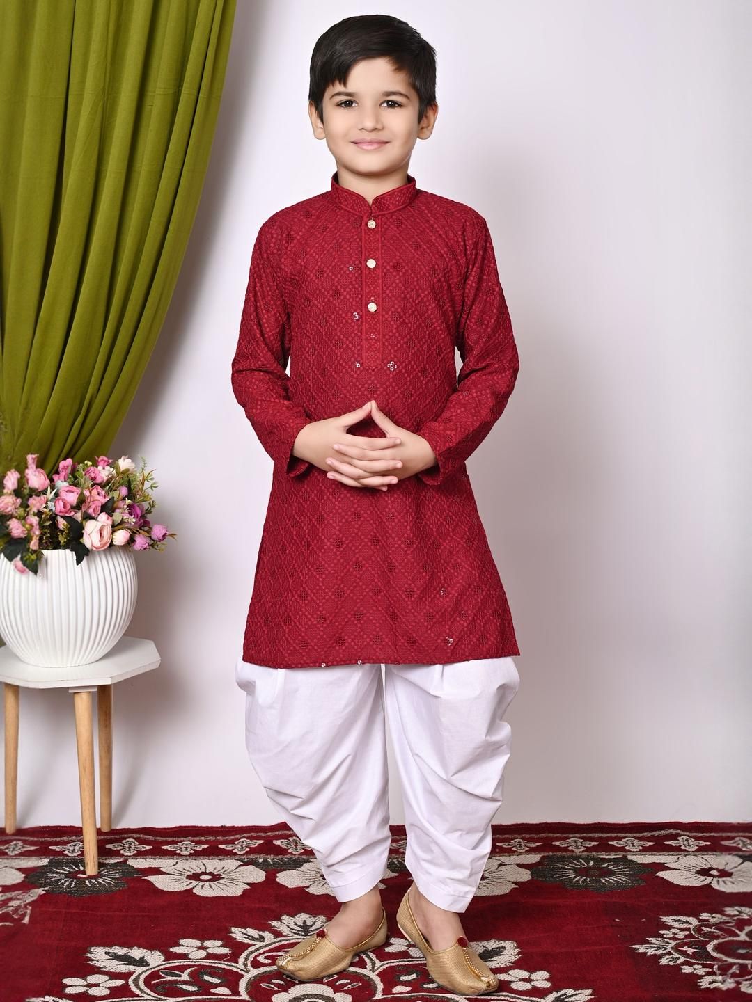 HUMAN CHOICE Boys Maroon Cotton Blend Embroidered Kurta & Patiala-image-1