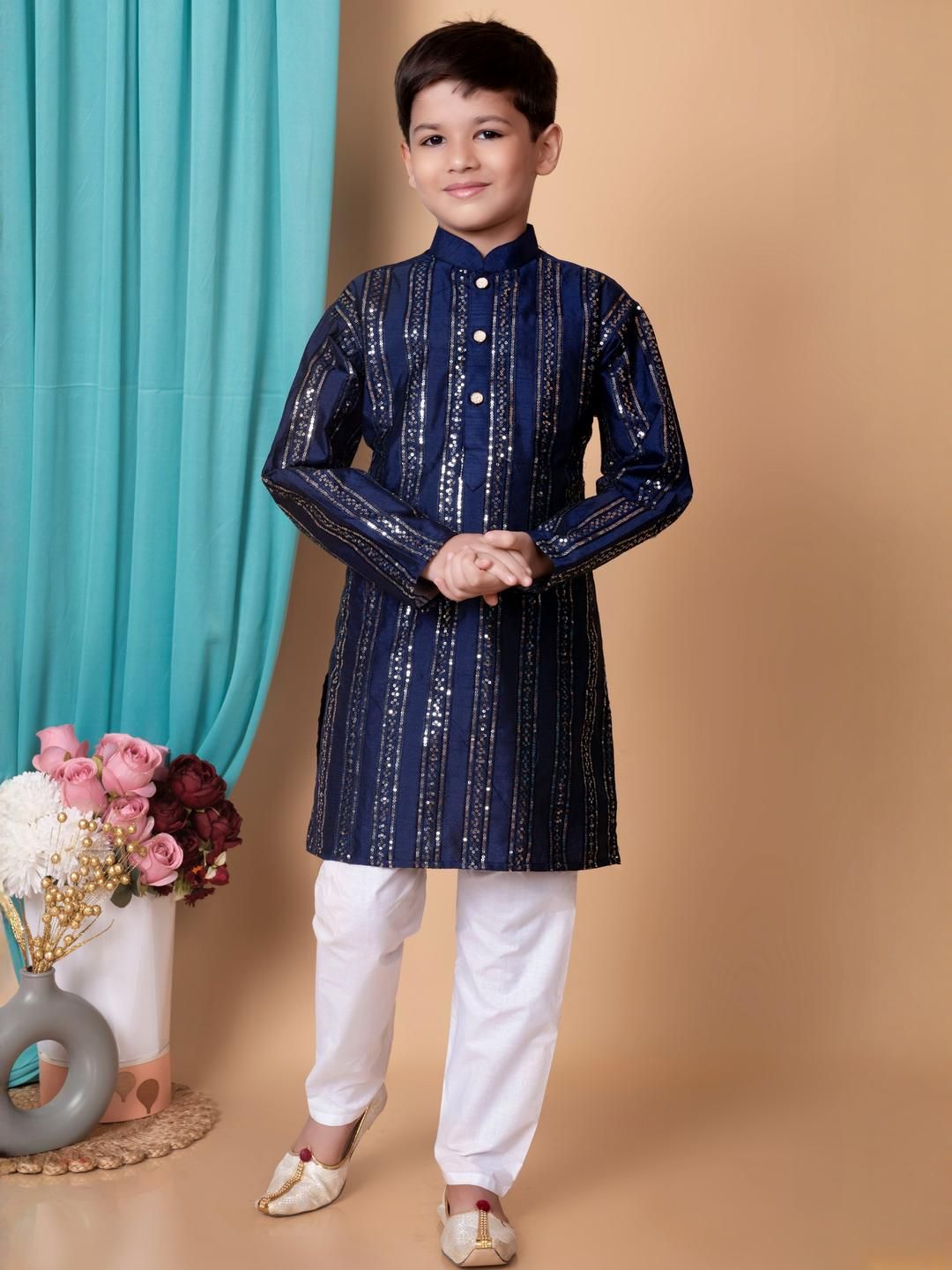 HUMAN CHOICE Boys Navy Blue Dupion Silk Embroidered Kurta & Pyjamas-picture-30
