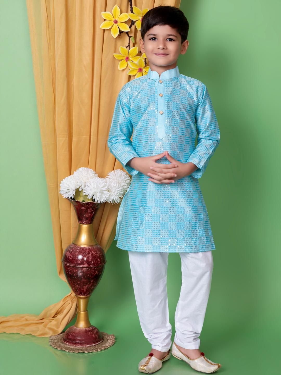 HUMAN CHOICE Boys Turquoise Blue Dupion Silk Embroidered Kurta & Pyjamas-image-42