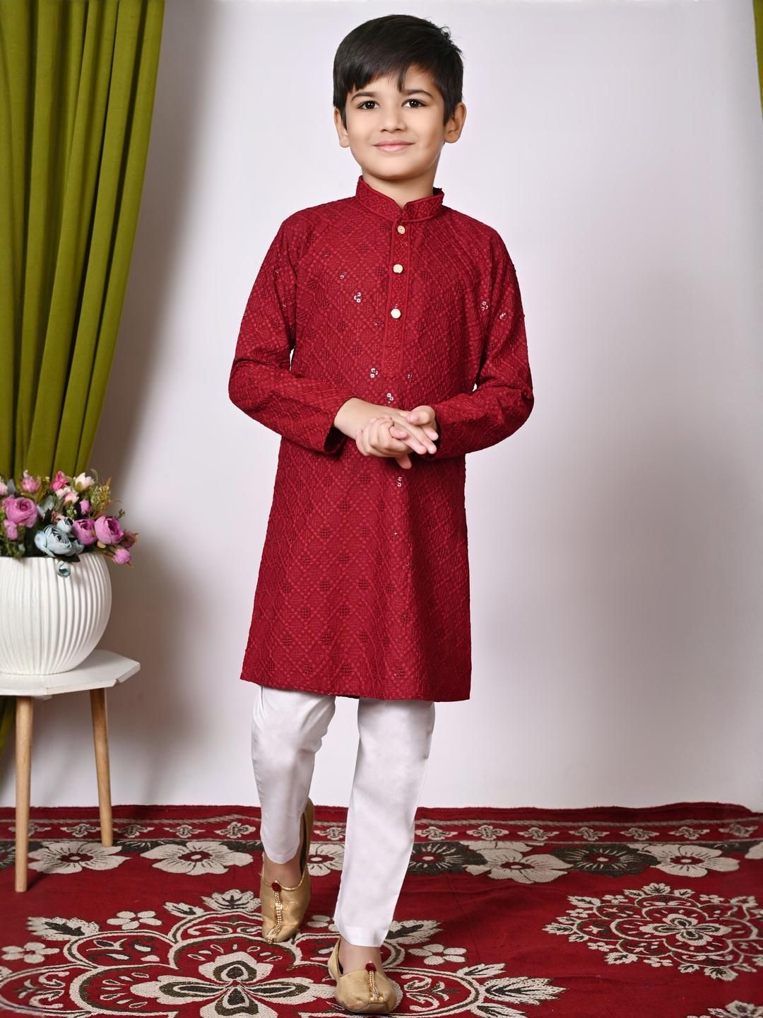 HUMAN CHOICE Boys Maroon Cotton Blend Embroidered Kurta & Pyjamas-image-26