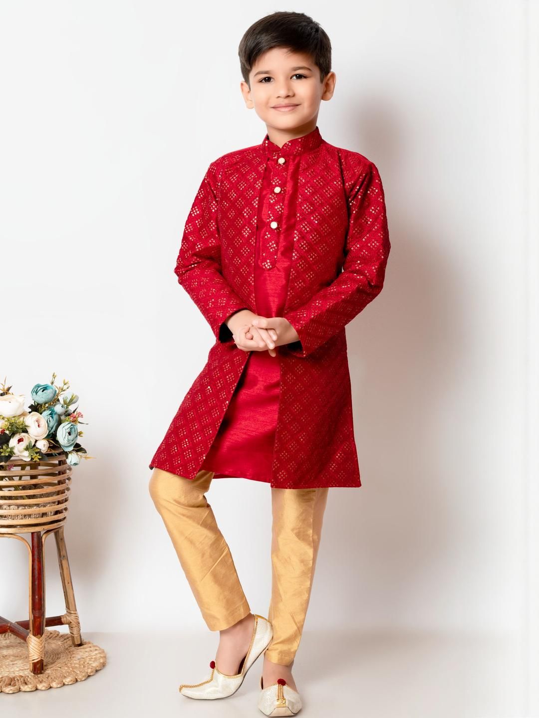 HUMAN CHOICE Boys Maroon Dupion Silk Embroidered Kurta & Pyjamas-picture-14