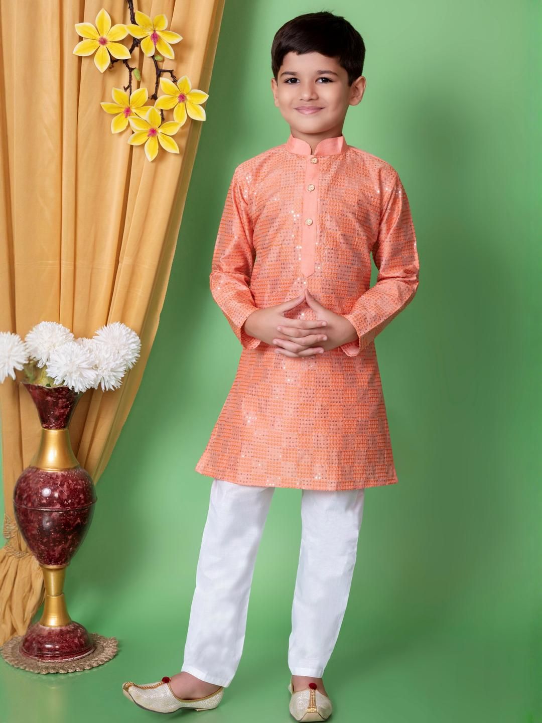 HUMAN CHOICE Boys Peach Dupion Silk Embroidered Kurta & Pyjamas-image-2