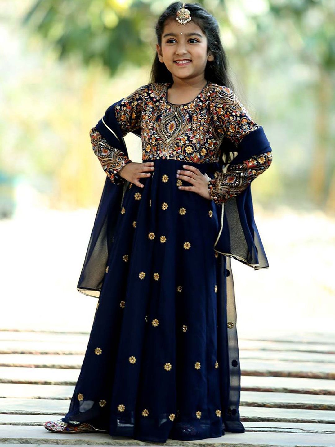 Alyaansh Couture Girls Floral Embroidered Georgette Maxi Ethnic Dress With Dupatta-image-23