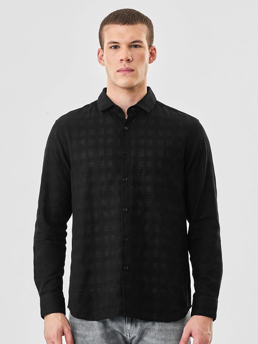 Snitch Men Textured Regular Fit Spread Collar Long Sleeves Cotton Shirt-picture-23