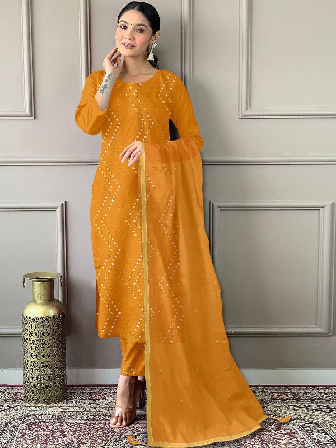 BLACK PATTI Women Ethnic Motifs Regular Mirror Work Kurta with Trousers & With Dupatta-picture-39