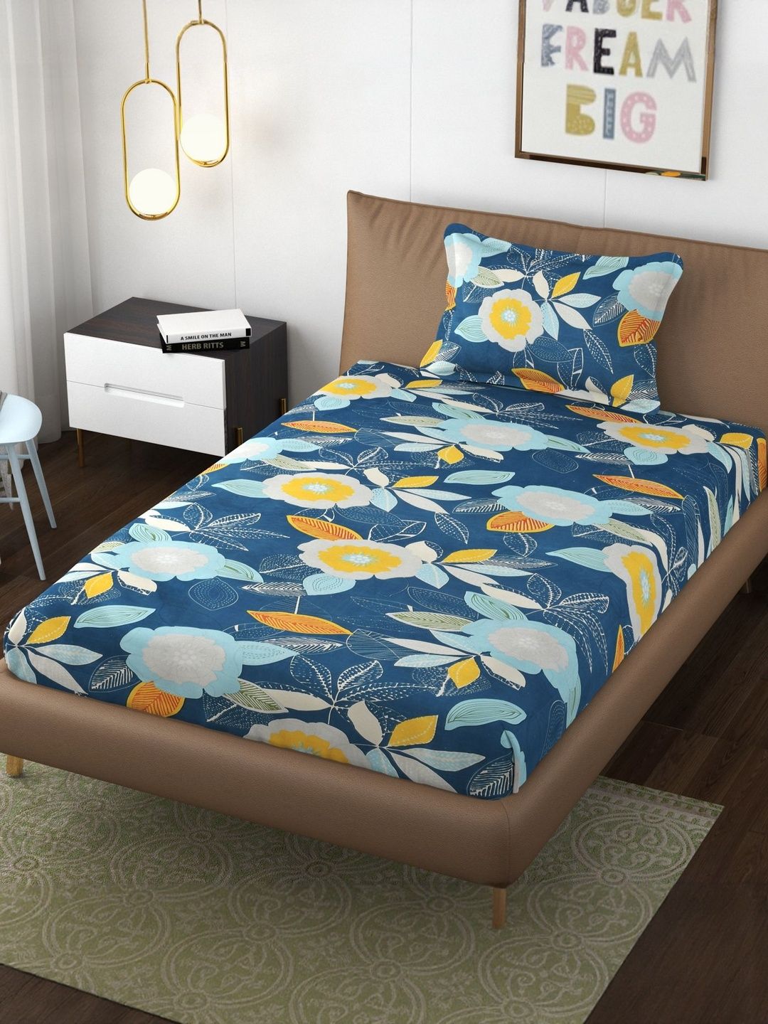 FURNOFY Blue & Yellow Floral Skin-Friendly Single Bedsheet with 1 Pillow Covers-picture-43
