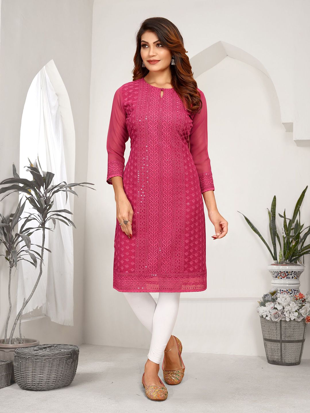 AXI COUTURE Women Georgette A-Line Lucknowi Chikankari Kurta-picture-12