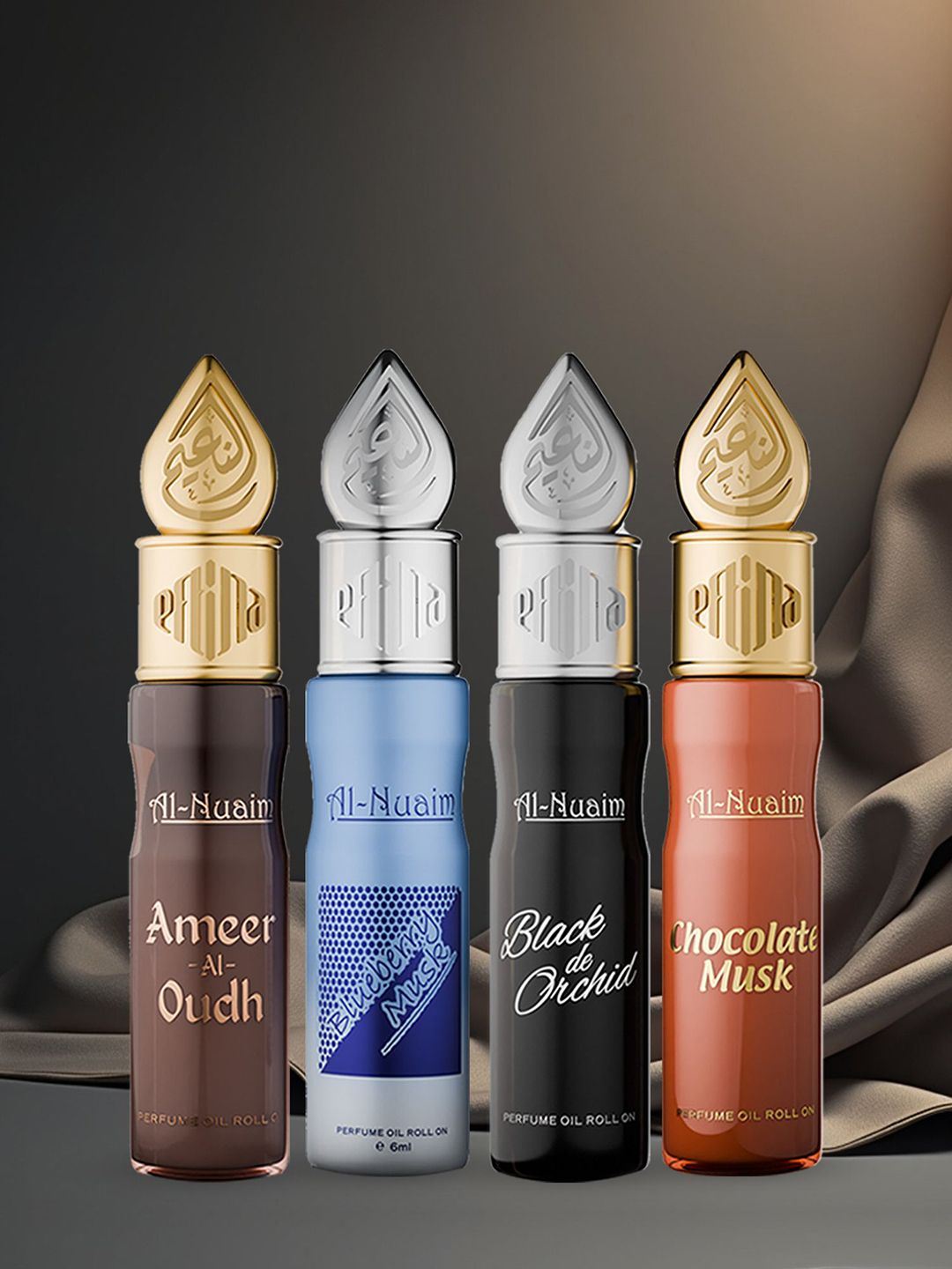 Al-Nuaim Set Of 4 Chocolate Musk,Black de Orchid, Ameer & Blueberry Musk Attar - 6 ml Each-image-22
