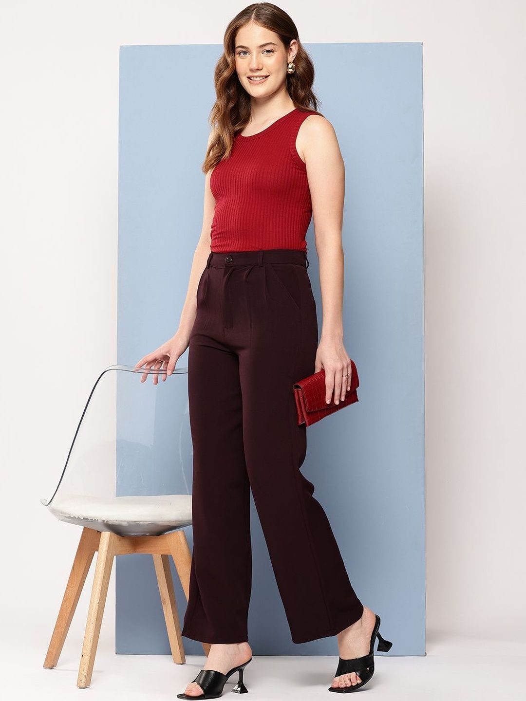 CORSICA Women Wine Solid Cotton Easy Wash Cargos Trousers-picture-42