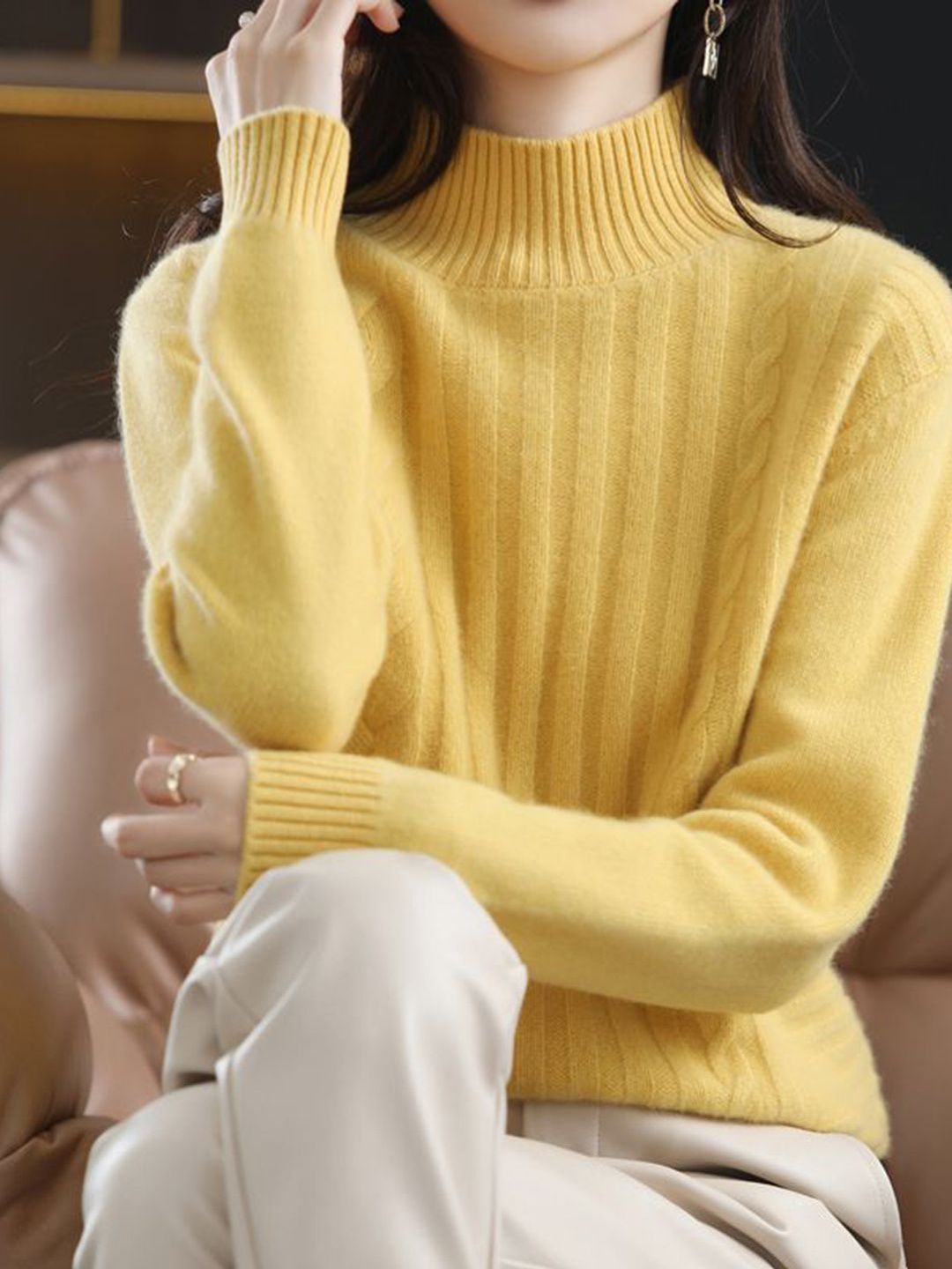 DressBerry Women Yellow Solid Woolen High Neck Pullover-picture-54