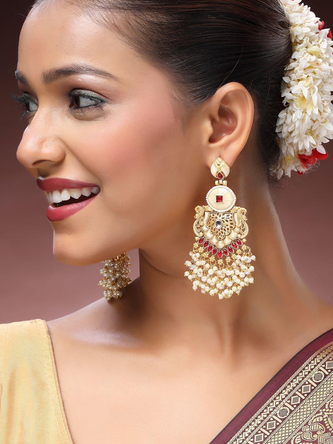 ADIVA 22K Gold-plated Kundan Studded And Artificial Beaded Teardrop Shaped Drop Earrings-picture-29