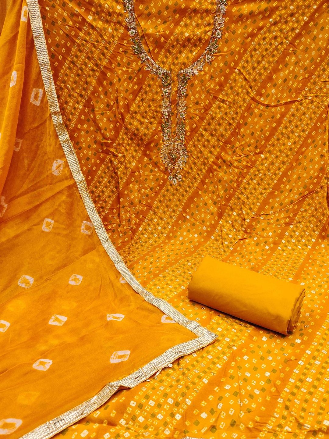 KALINI Cotton Blend Yellow Embellished Dress Material-image-18