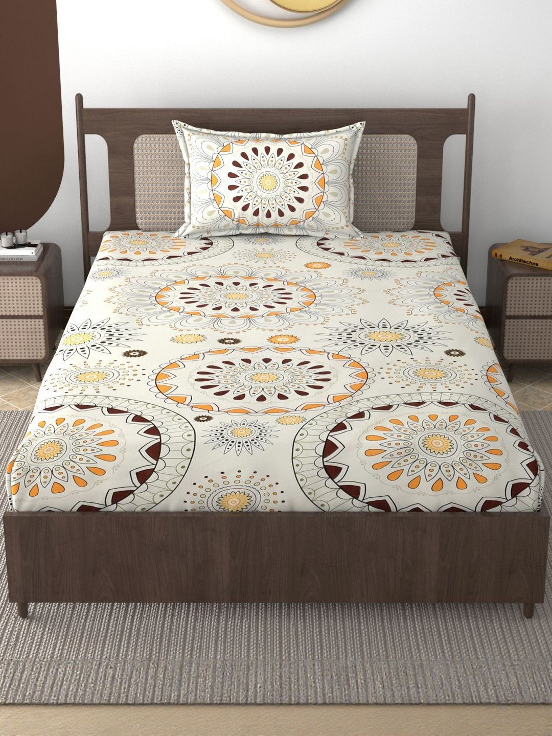 FURNOFY Multicoloured Ethnic Motifs Single Bedsheet with 1 Pillow Covers-picture-46