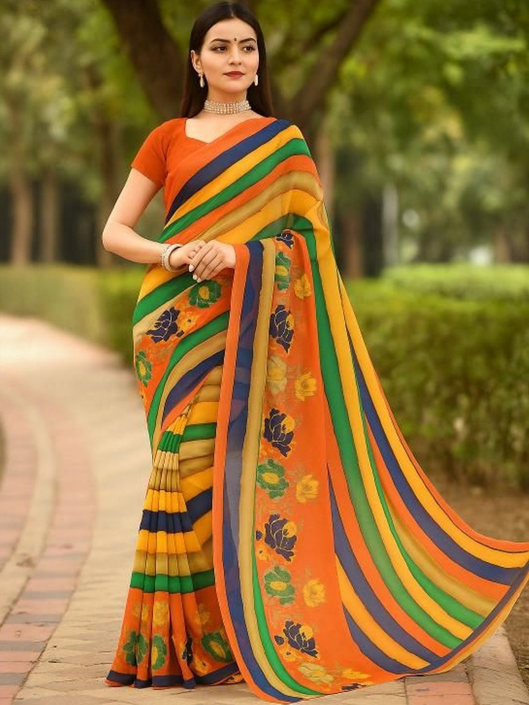 Moda Rapido Women Multi Pure Georgette Striped Saree-picture-19