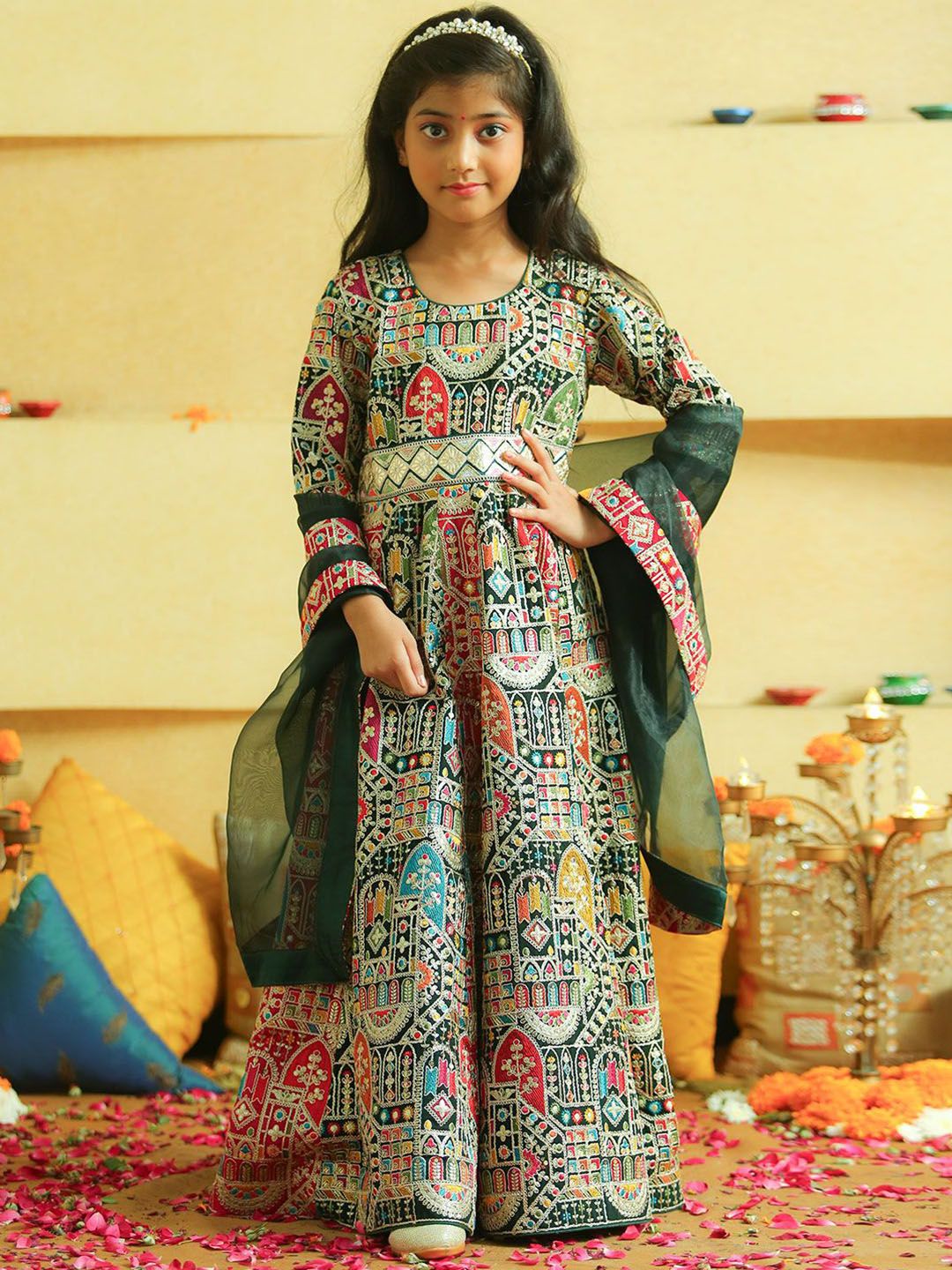Alyaansh Couture Girls Embroidered Cotton Maxi Ethnic Dress With Dupatta-picture-36