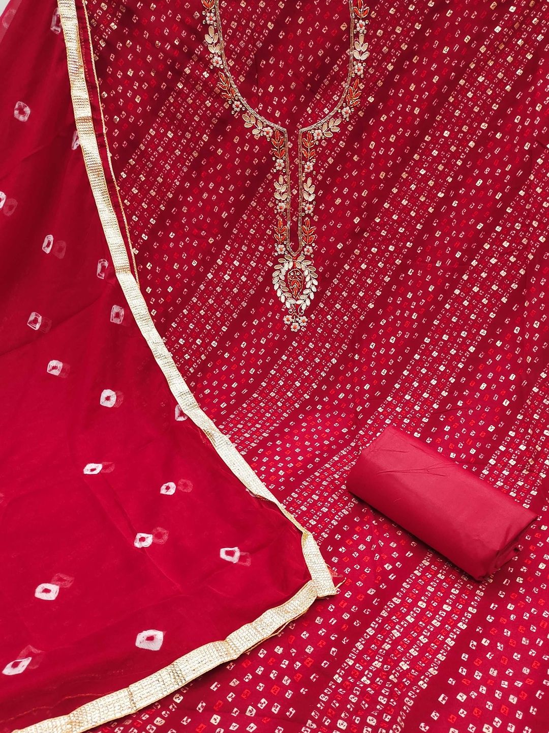 KALINI Cotton Blend Red Embellished Dress Material-image-19