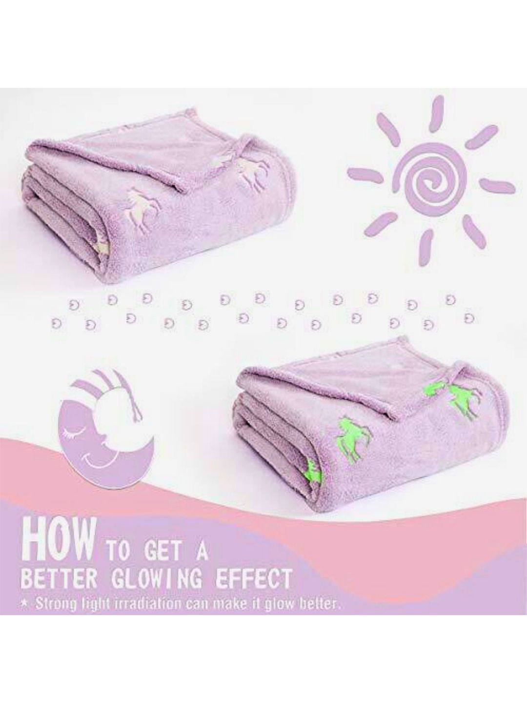 Puchku Kids Lavender & Green 280 GSM Microfibre Unicorn Glow In The Dark Blanket-image-36