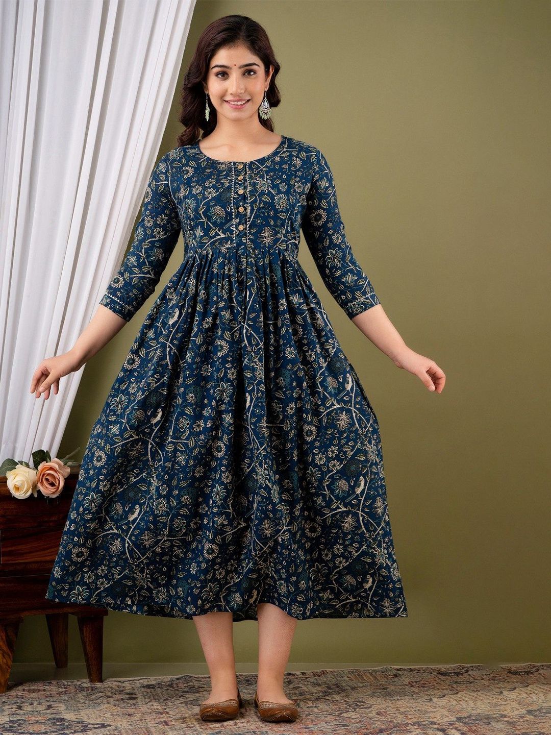 FASHION SWAG Floral Printed Round-Neck Cotton A-Line Maternity Ethnic Dress-image-29