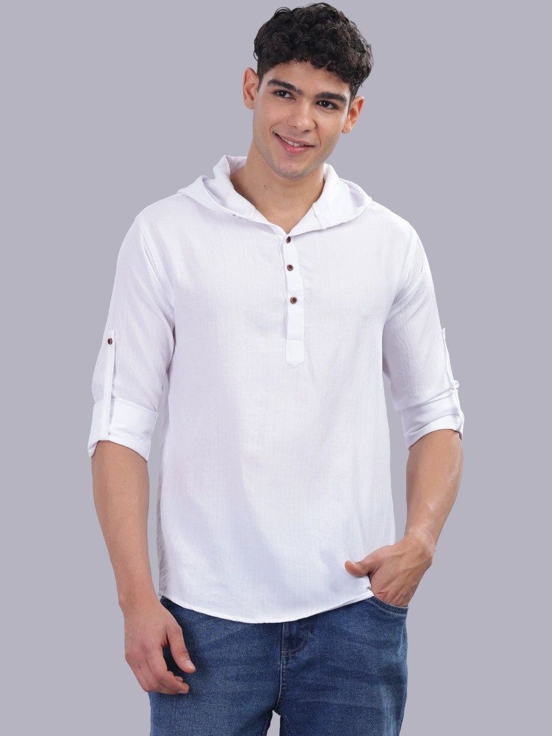 SZN Men White Half Button Placket Hooded Casual Shirt-picture-29
