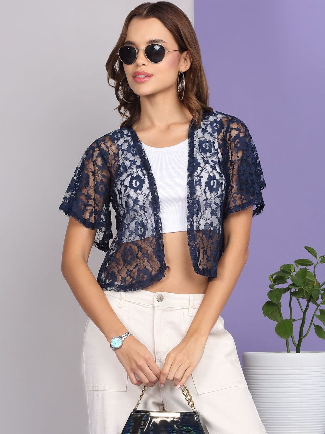 SZN Women Navy Blue Open Front Lace Polycotton Casual Shrug-image-10