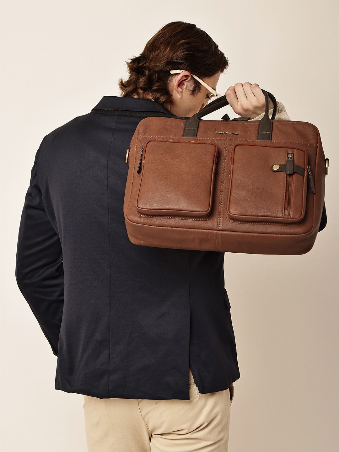 Gauge Machine Unisex Tan 16 inch Genuine Leather Laptop Bag with Adjustable Strap-picture-30