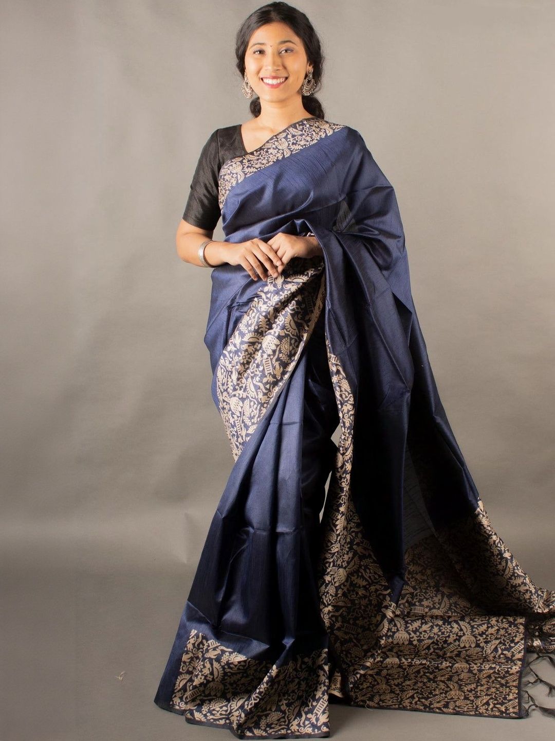 Anouk Women Navy Blue Floral Pure Silk Banarasi Sarees With Blouse Piece-picture-27