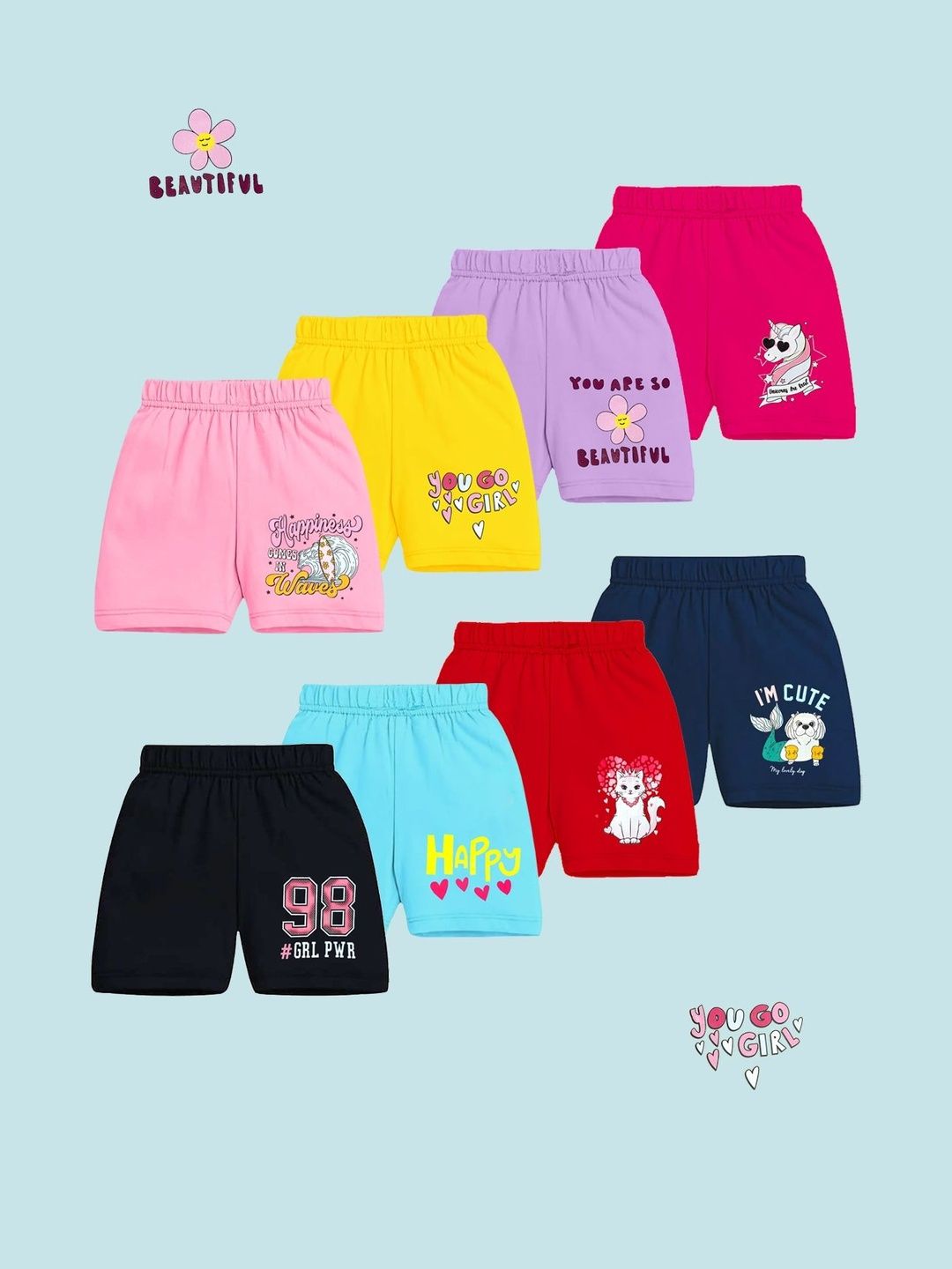 YK Girls Pack of 8 Printed Regular Fit Cotton Shorts-picture-44