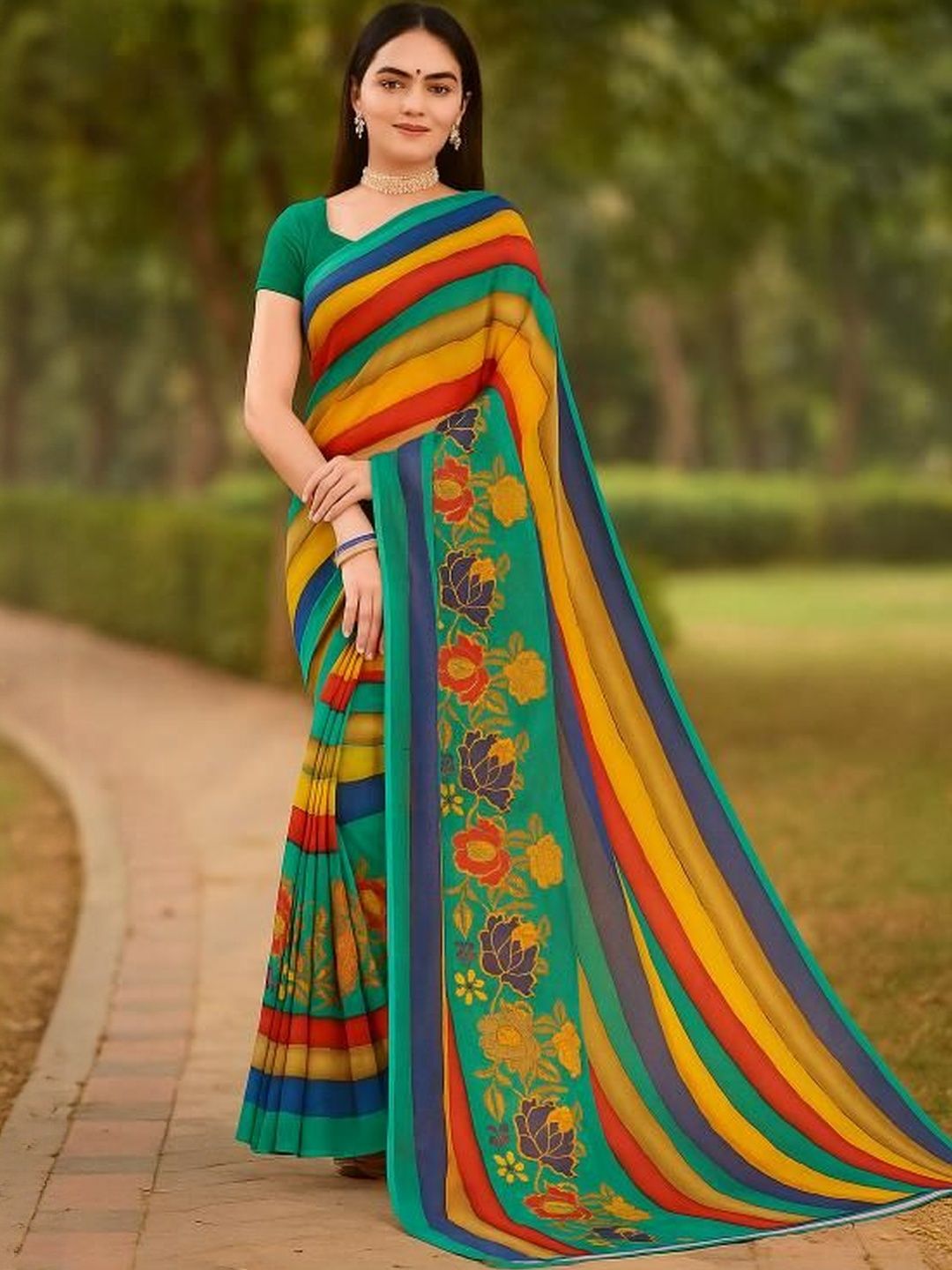 Moda Rapido Women Multicolor Striped & Floral Print Georgette Sarees-picture-17
