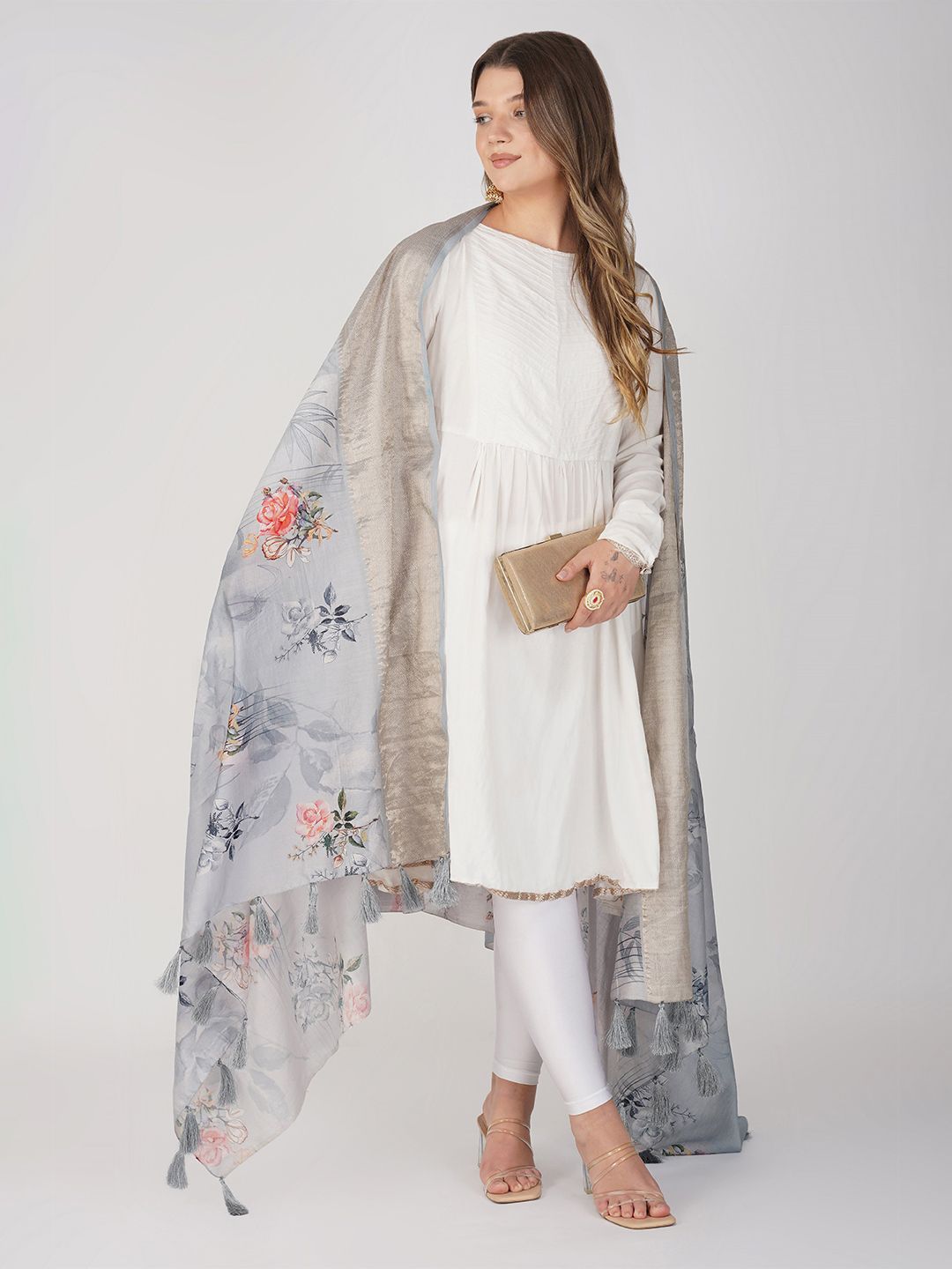 Zal from Benaras Floral Printed Pure Silk Banarasi Dupatta-image-1