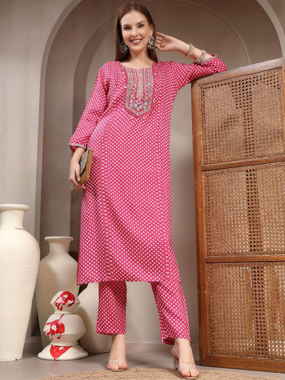 Sangria Women Ethnic Motifs Printed Regular Thread Work Kurta with Trousers-picture-42