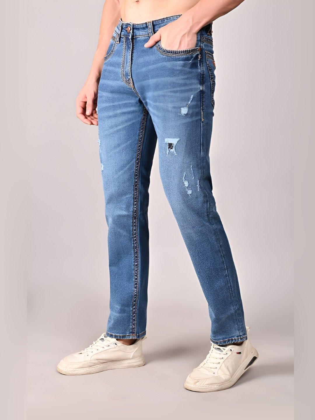 WHITE APPLE JNS Men Slim Fit Low-Rise Mildly Distressed Light Fade Stretchable Jeans-picture-14