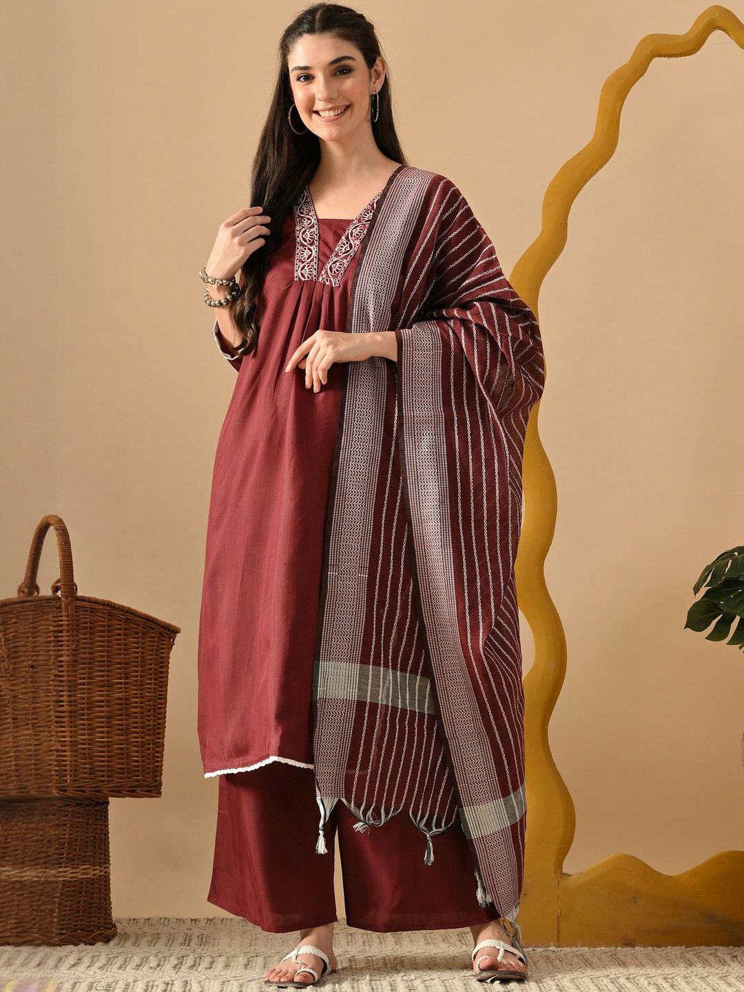 DIZON Women Ethnic Motifs Embroidered Regular Thread Work Kurta with Palazzos & With Dupatta-picture-34