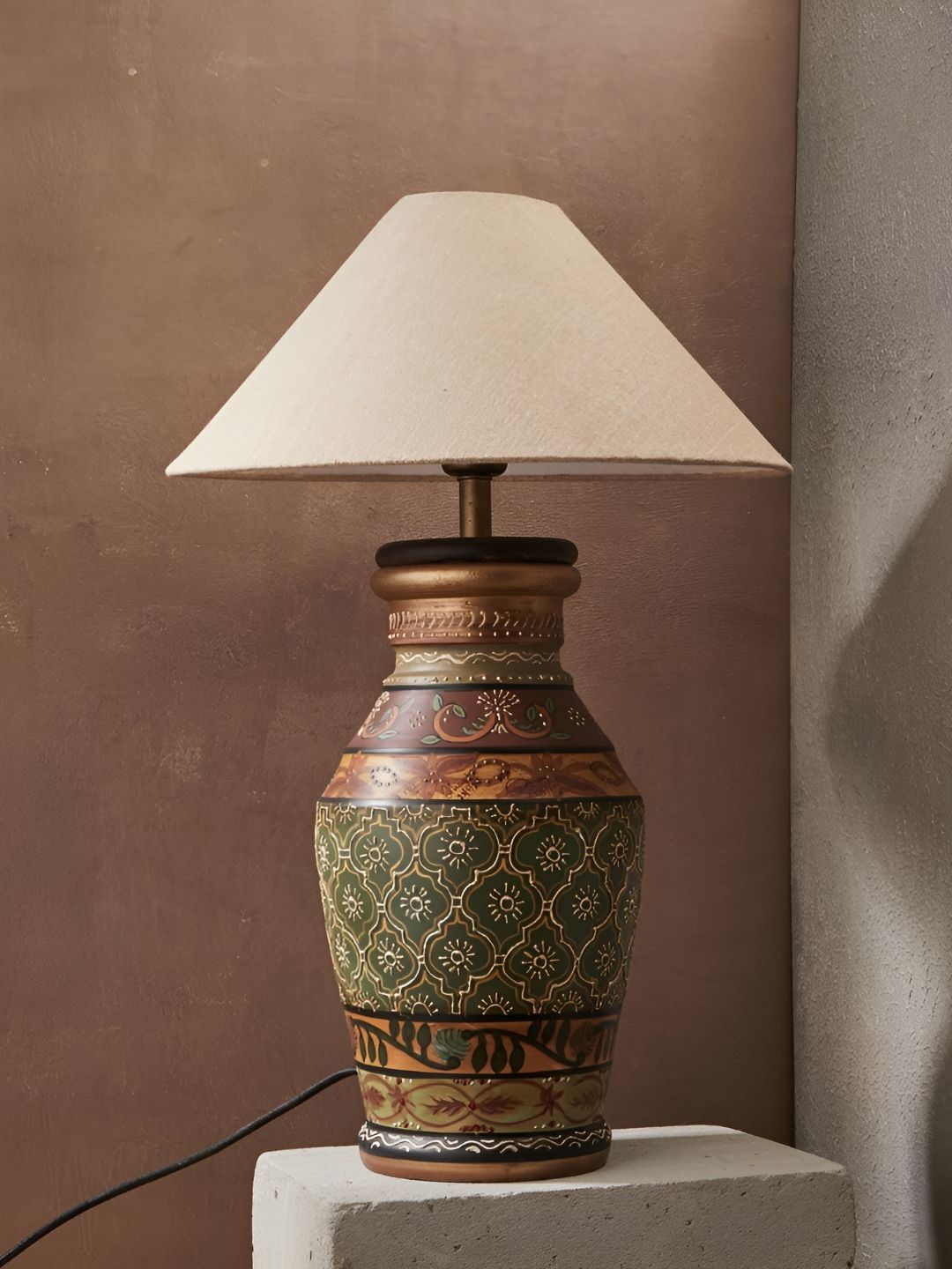 Fabindia Abha Yellow & Green Textured Ceramic Frusturical Shaped Table Lamp-picture-33
