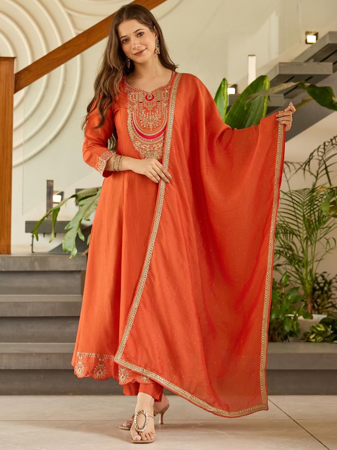 CaniBani Women Orange Embroidered Chanderi Silk Kurta & Trousers With Dupatta